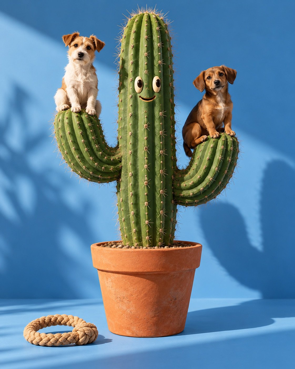 Two small dogs perched on the branches of a smiling cactus