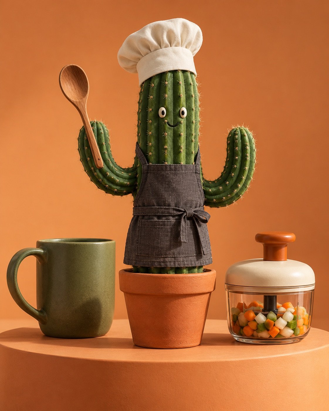 Smiling cactus wearing a chef hat and apron beside a mug and kitchen chopper