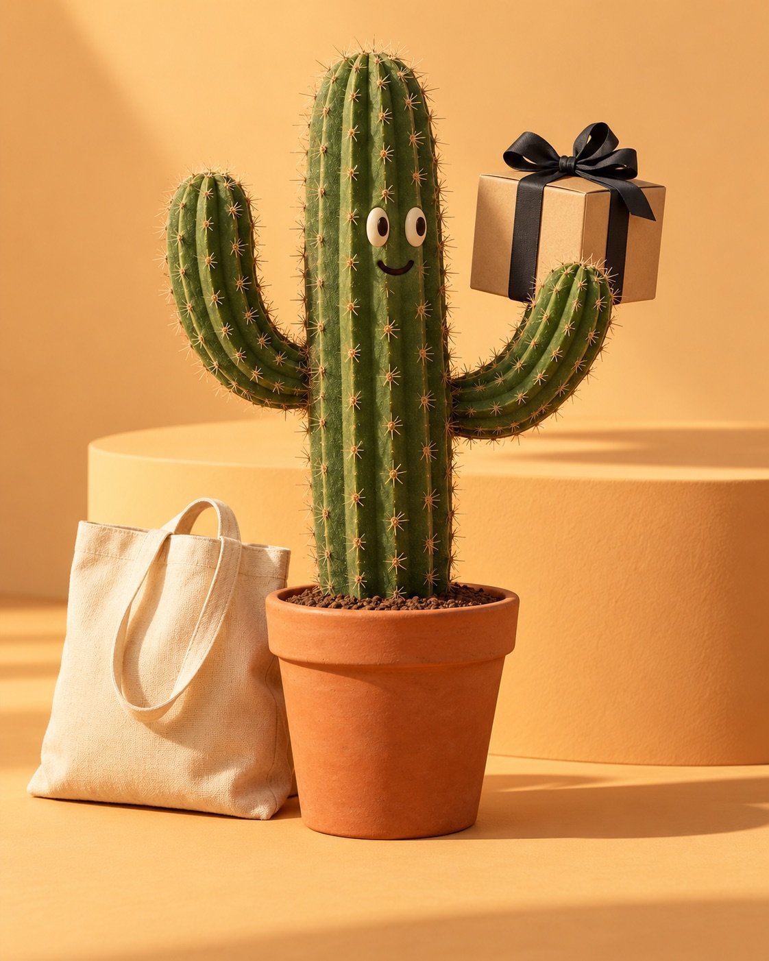 Smiling cactus holding a wrapped gift beside a canvas tote bag