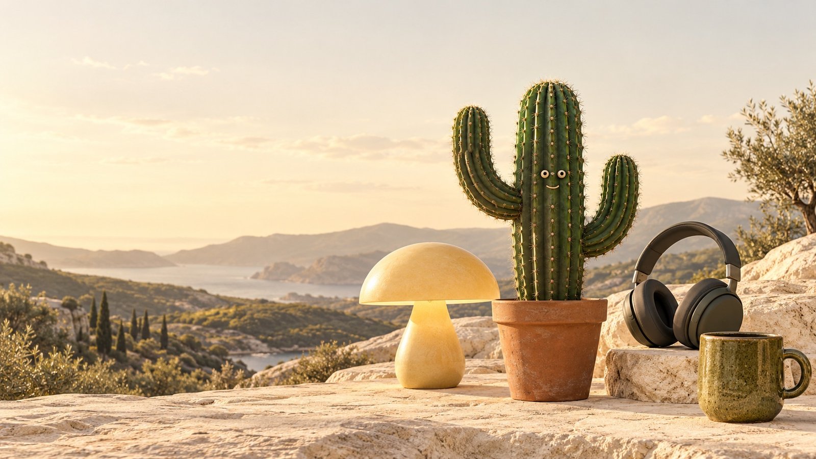 Happy, a smiling cactus, among everyday objects in a sunlit sculptural landscape