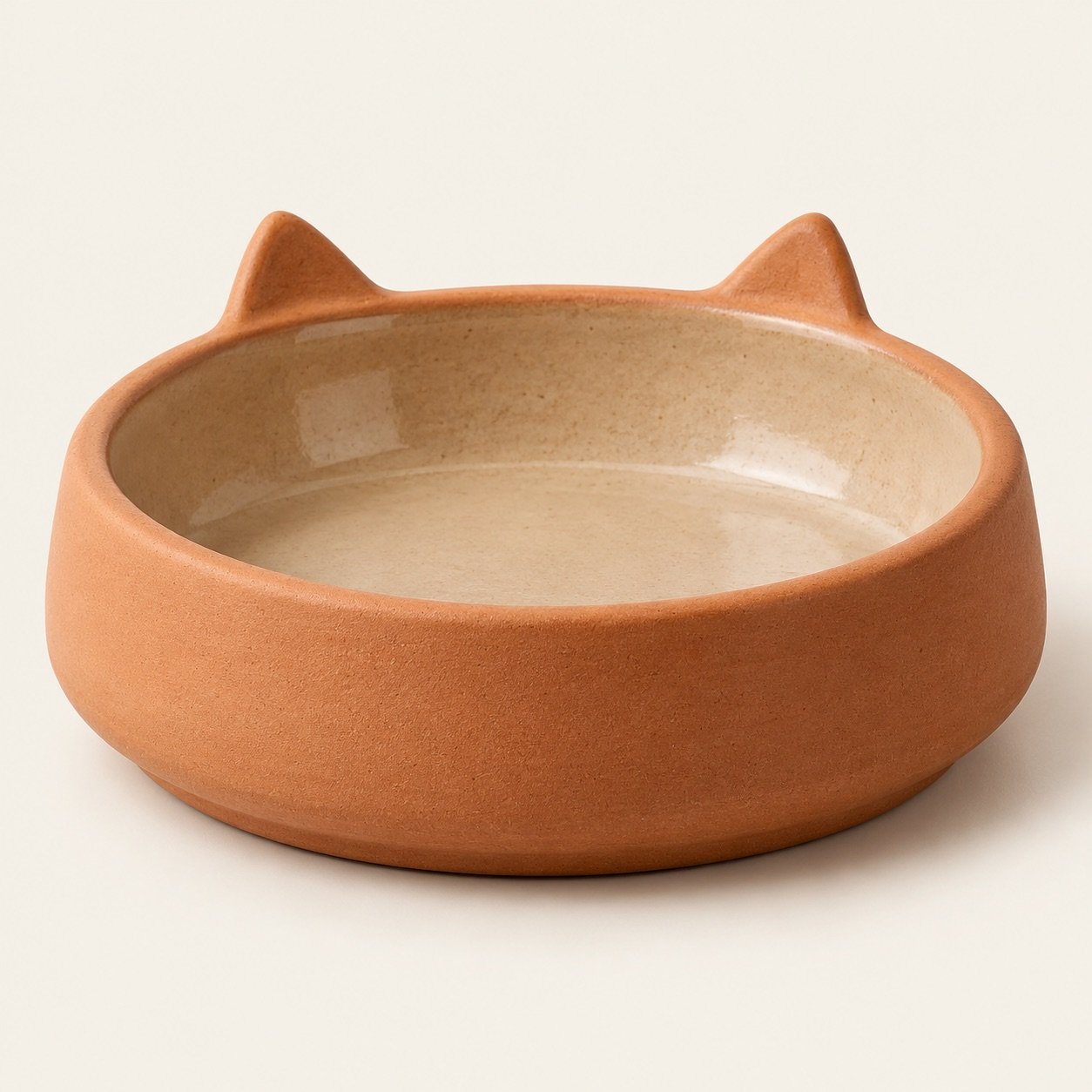 Terracotta cat feeding bowl with a cat-ear rim