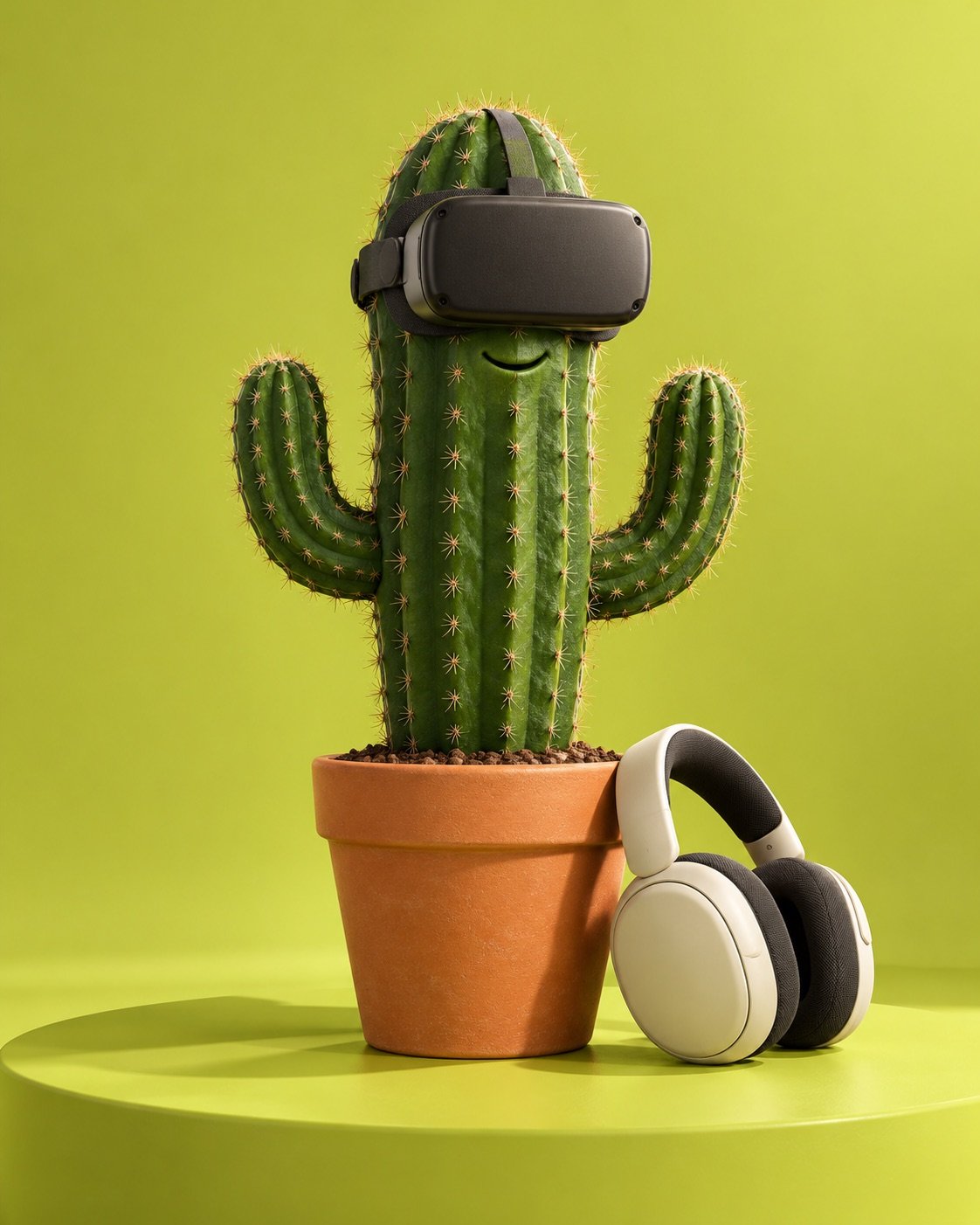 Smiling cactus wearing a VR headset beside over-ear headphones
